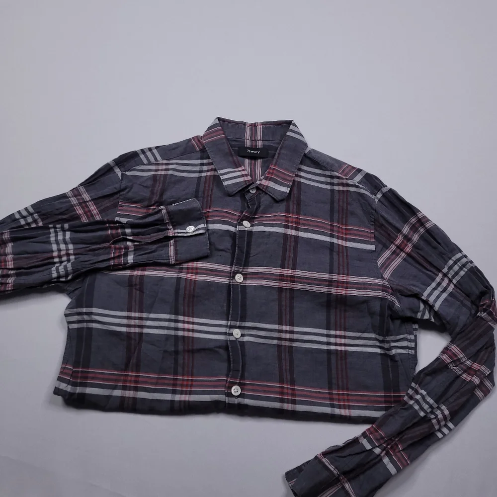 Theory Rammy Mantra Linen-Cotton Shirt Button Up Preppy Designer Plaid Small - Picture 2 of 9
